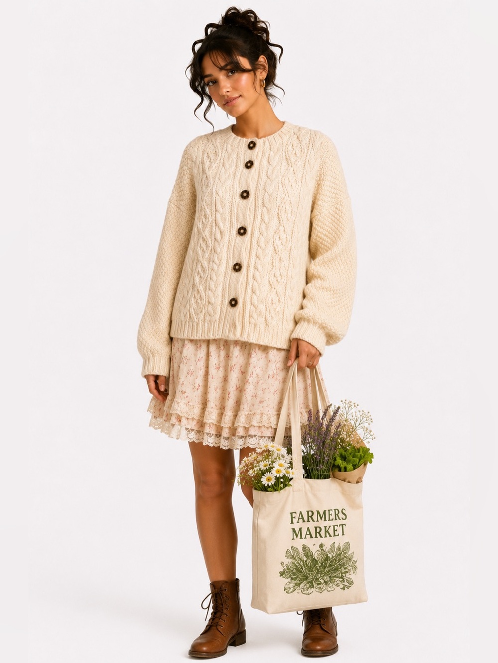 Vintage Hand Knit‎ Cream Wool Fisherman Cardigan Sweater M/L Cottagecore